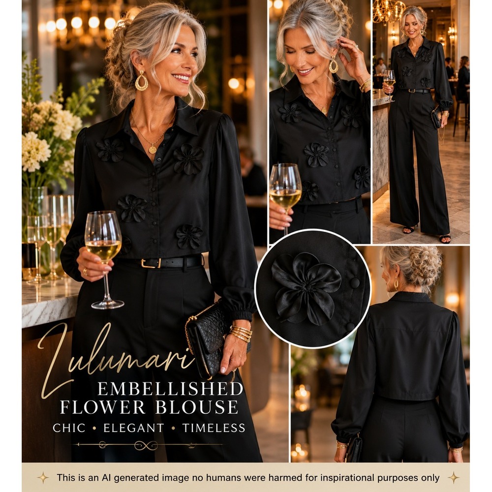 Lulumari Black Floral Appliqué Crop Blouse Long Sleeve Elegant Button Down Top